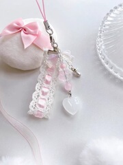 Pink Ribbon Cat Paw Heart Cute Girl Heart Beaded Phone Case Chain Decor Phone Charm Pendant Handmade Chain