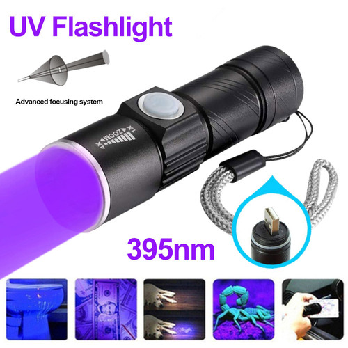395nm UV flashlight USB rechargeable LED banknote detector UV glue curing fluorescent agent detection ultraviolet lamp