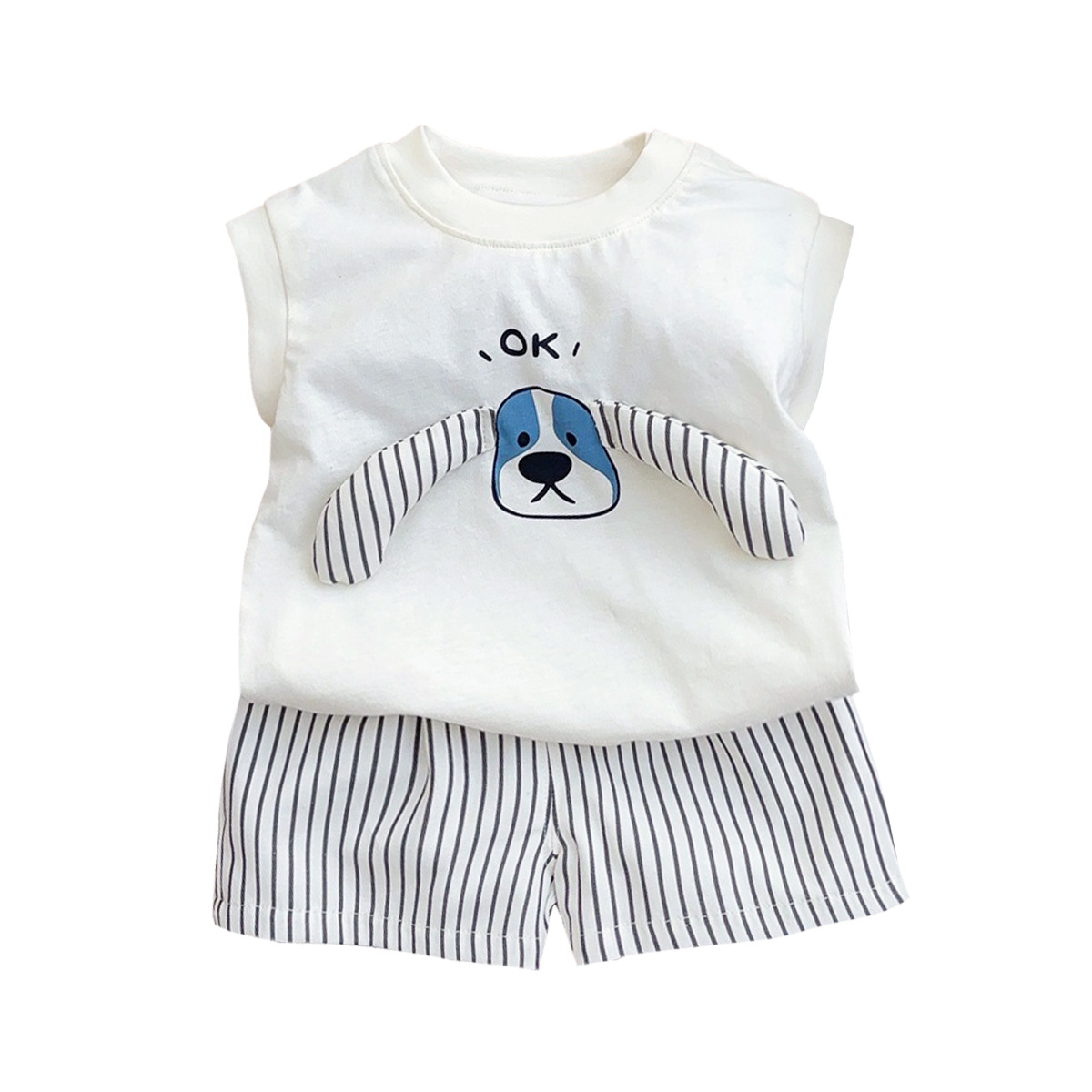 Juego de muñeca de cachorro a rayas de dibujos animados 2025 verano nuevo traje de bebé ligero para hombre capa protector solar de tres piezas