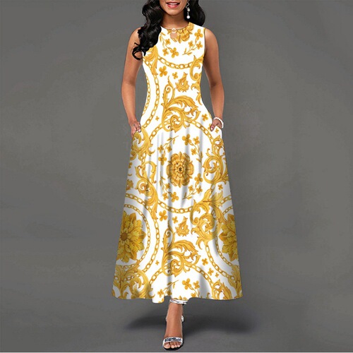 2024 Amazon European and American Style Sleeveless Women's Defined-Print Flared Dress Bohemian Retro Long Skirt European and American Style