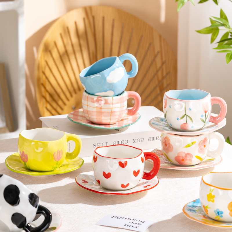 Hand-Painted Irregular Ceramic Coffee Cup and Saucer Set, Creative and Cute, Fresh Style, Popular in Korea