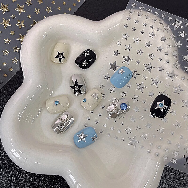 Gold and Silver Bronzing Five-Pointed Star Nail Art Stickers Internet Celebrity Ins Style Cut Out Star Moon Sun DIY Nail Decoration Stickers