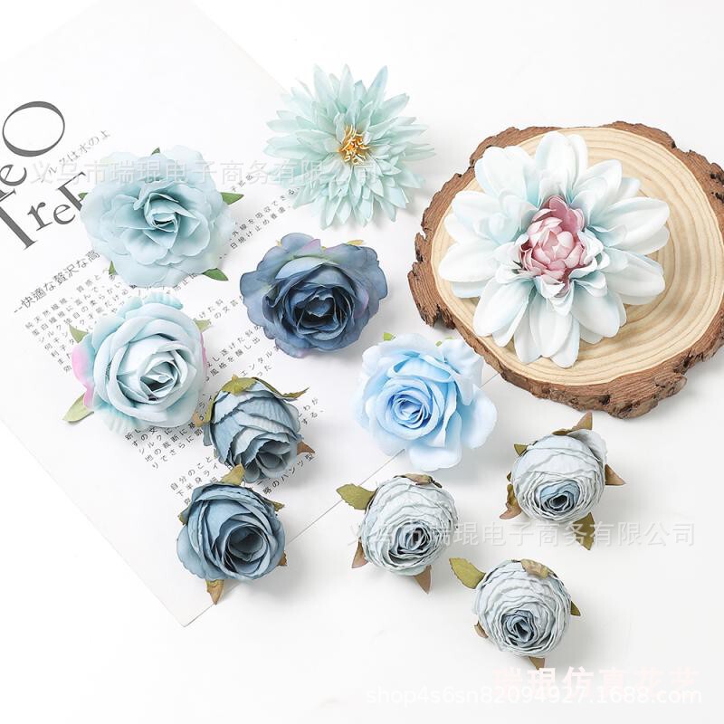Artificial Flowers Blue Series Rose Hydrangea Peony Flower Heads Fake Flowers Artificial Flower DIY Materials Wedding Decoration Flowers