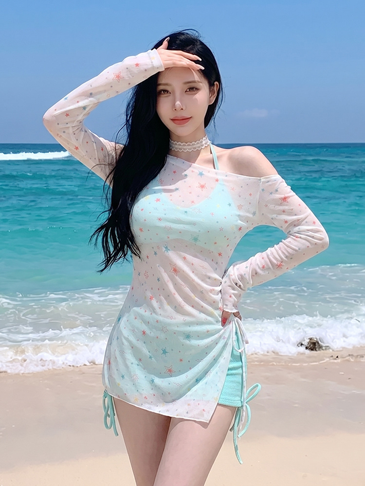 Women's Bikini Swimsuit, High-End Two-Piece Set with Cover-Up, Sun-Protective Three-Piece Set, Sexy for Small Busts, with Square-Cut Bottoms, Suitable for Seaside and Hot Spring Vacations