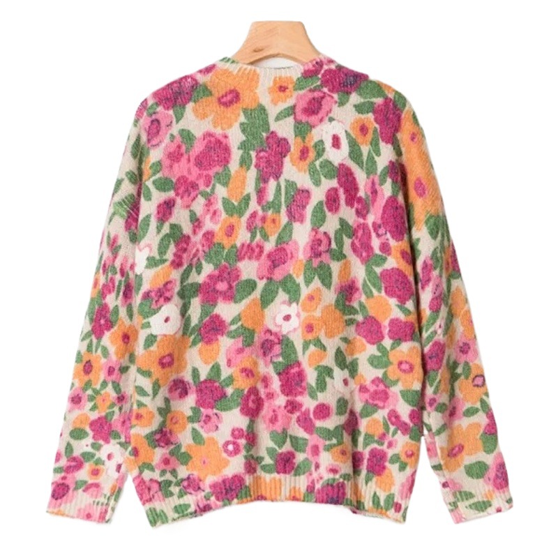 Suéter de manga larga suave con cuello redondo y estampado de flores silvestres coloridas de otoño, estilo informal y versátil, nuevo estilo de otoño