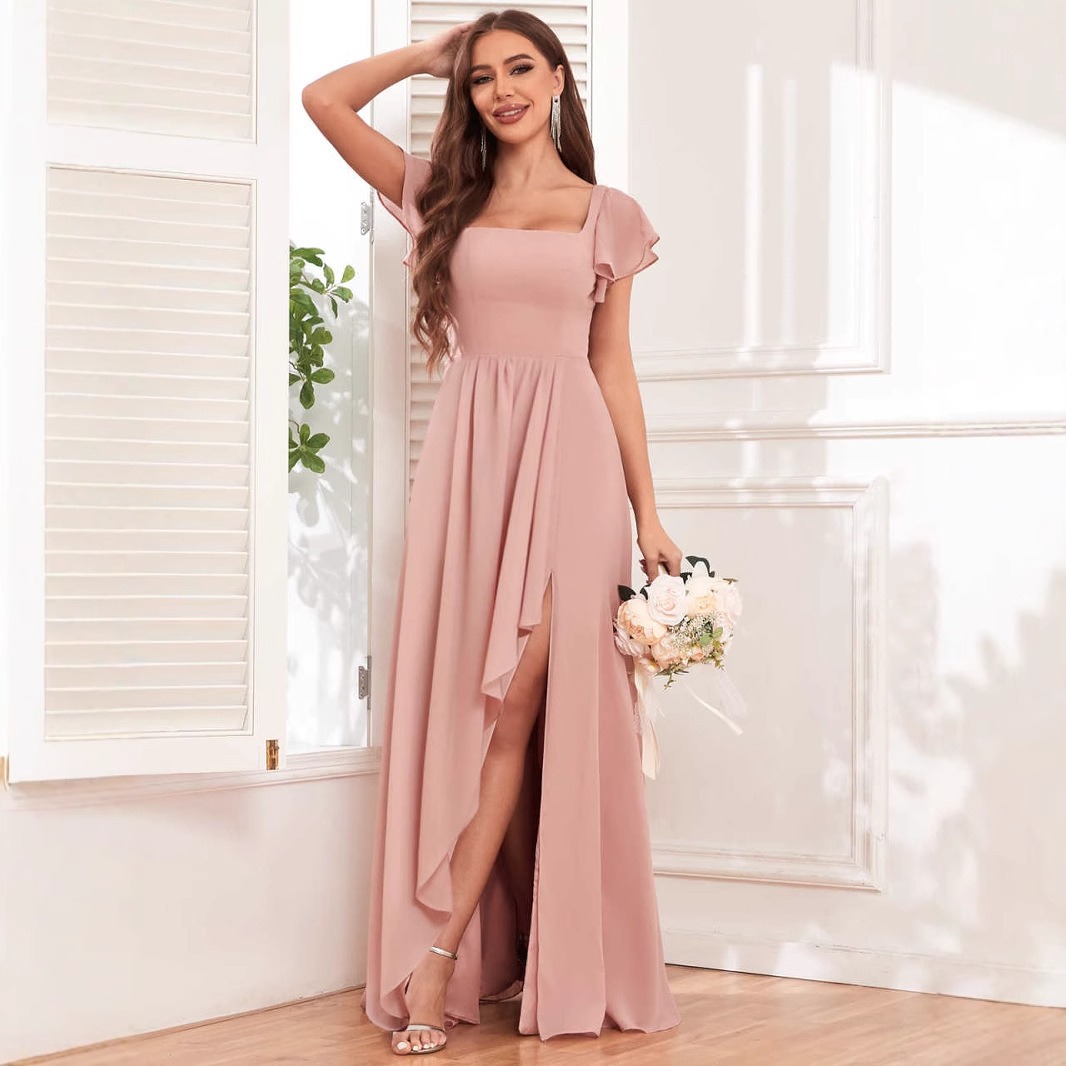 Cross-Border 2025 New European and American Fashion Sexy Slit Long Dress Amazon Solid Color Prom Banquet Evening Dress