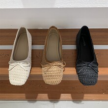法式平底复古蝴蝶结浅口单鞋女2025新款秋季超火田园风编织奶奶鞋
