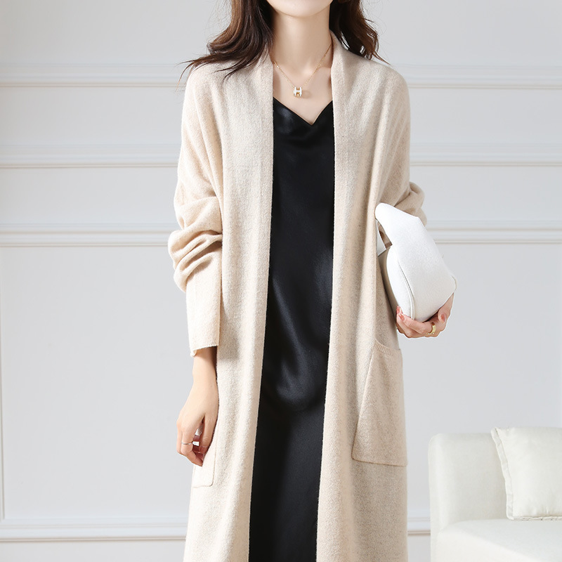 Autumn and Winter New Extra Long 100 Pure Wool Knitted Cardigan Women's Loose Lazy Style Sweater Coat All-match Long