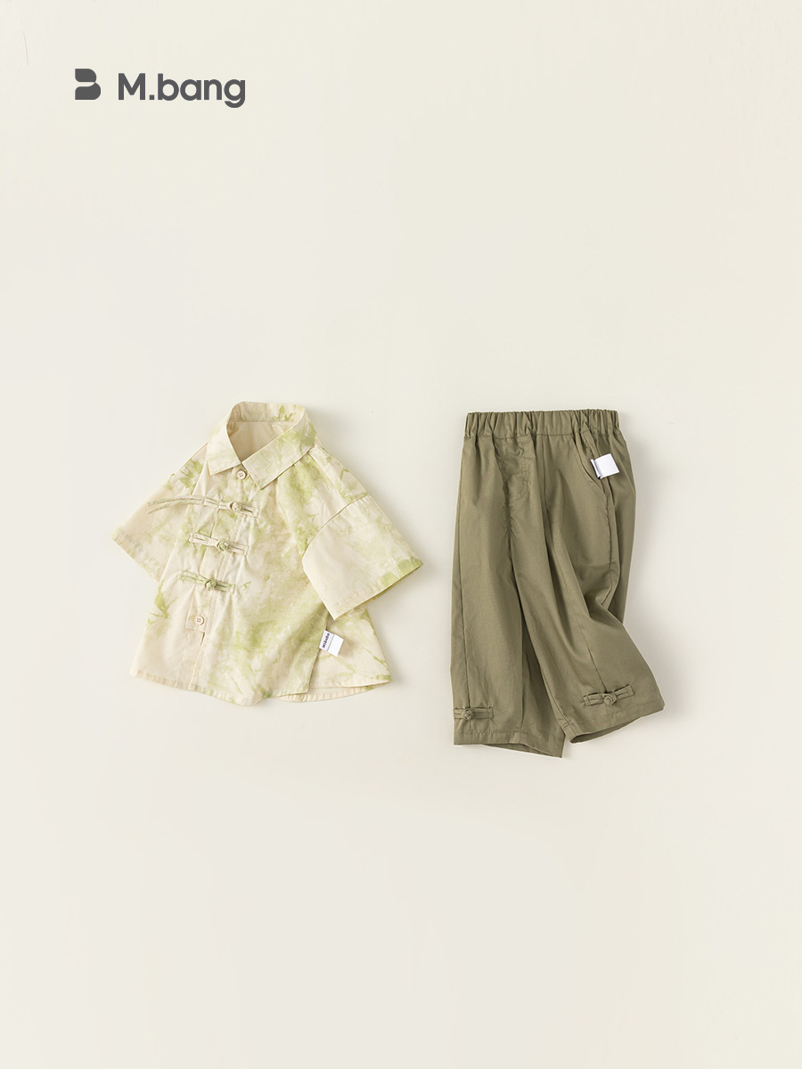 Ropa de verano para niños Youbao ropa de dos piezas para niños hebilla de estilo nacional impresión camisa pantalones chinos set