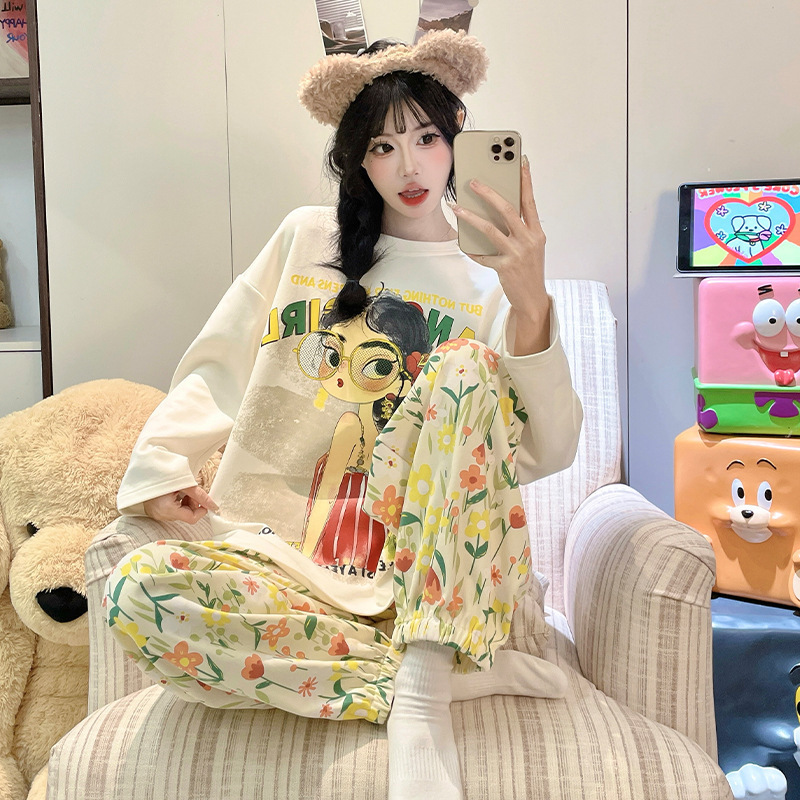 韩版可爱甜美ins卡通睡衣女春秋季圆领长袖长裤可外穿家居服套装|undefined