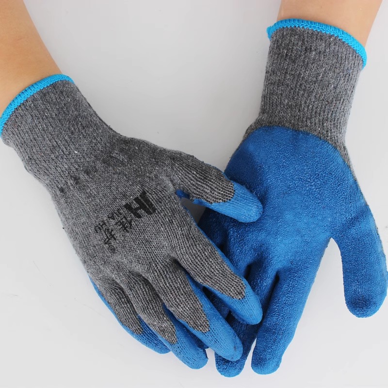 劳保手套防滑耐磨耐用灵活防水防护棉线劳动手套浸胶涂胶灰纱线皱