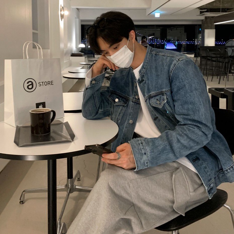 MYQ Vintage Denim Jacket Men's 2023 Autumn New Korean Style Loose Top All-match Vertical Collar Work Jacket