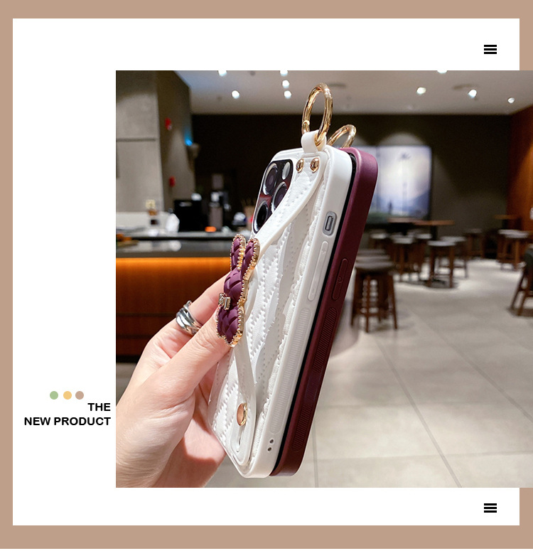 Ốp lưng iPhone da giả hình thỏ kiểu Chanel có dây đeo cổ tay và giá đỡ — [Màu tím] Dây đeo cổ tay thỏ hình thoi phong cách thơm nhỏ chi tiết 6