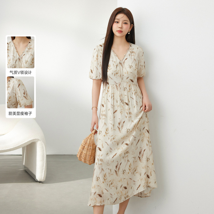 Xianli Show Large Size Women's French Retro Tea Break Print Lace V-neck Dress Fat mm2024 Summer New Style