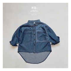 Textured Tencel fabric Korean style children's striped color-blocked denim shirts for boys and girls, long-sleeved shirts, fashionable and versatile