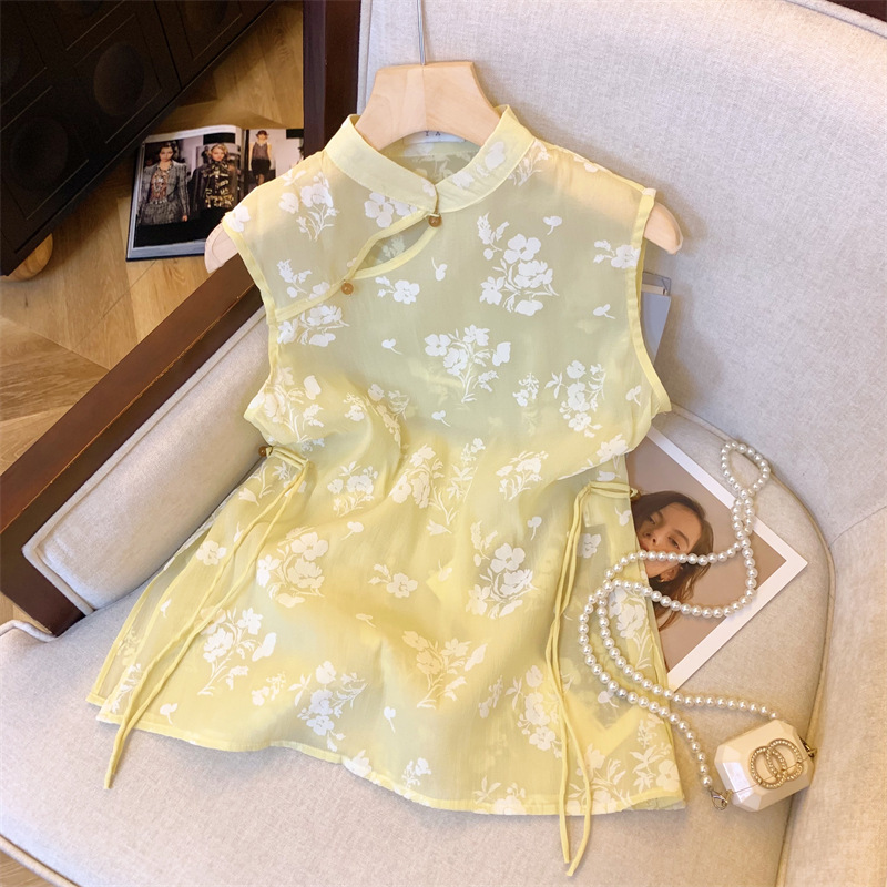 Real Shot ~ New Chinese Yellow Flocking Lace Shirt Women's Summer Light National Style Buckle Cheongsam Collar Mesh T-shirt Sleeveless