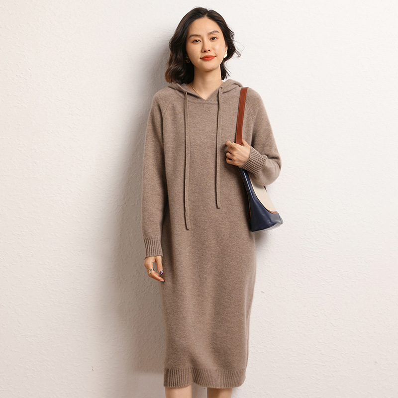 Soft Cashmere Autumn and Winter New Women's Pullover Hooded Sweatshirt Sweater Skirt over the Knee Long Knitted Dress