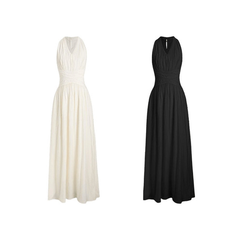 French temperament pleated collar hanging neck dress for women, summer design, waist, unique and beautiful white long skirt