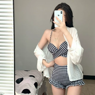 时尚新款女士分体比基尼泳衣千鸟小胸聚拢白色罩衫防嗮性感泳衣