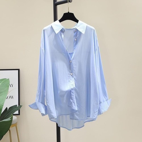 Women's Spring Summer Korean Style Loose Casual Thin Long Sleeve Sun Protection Top with Outerwear Tencel Cotton Shirt
