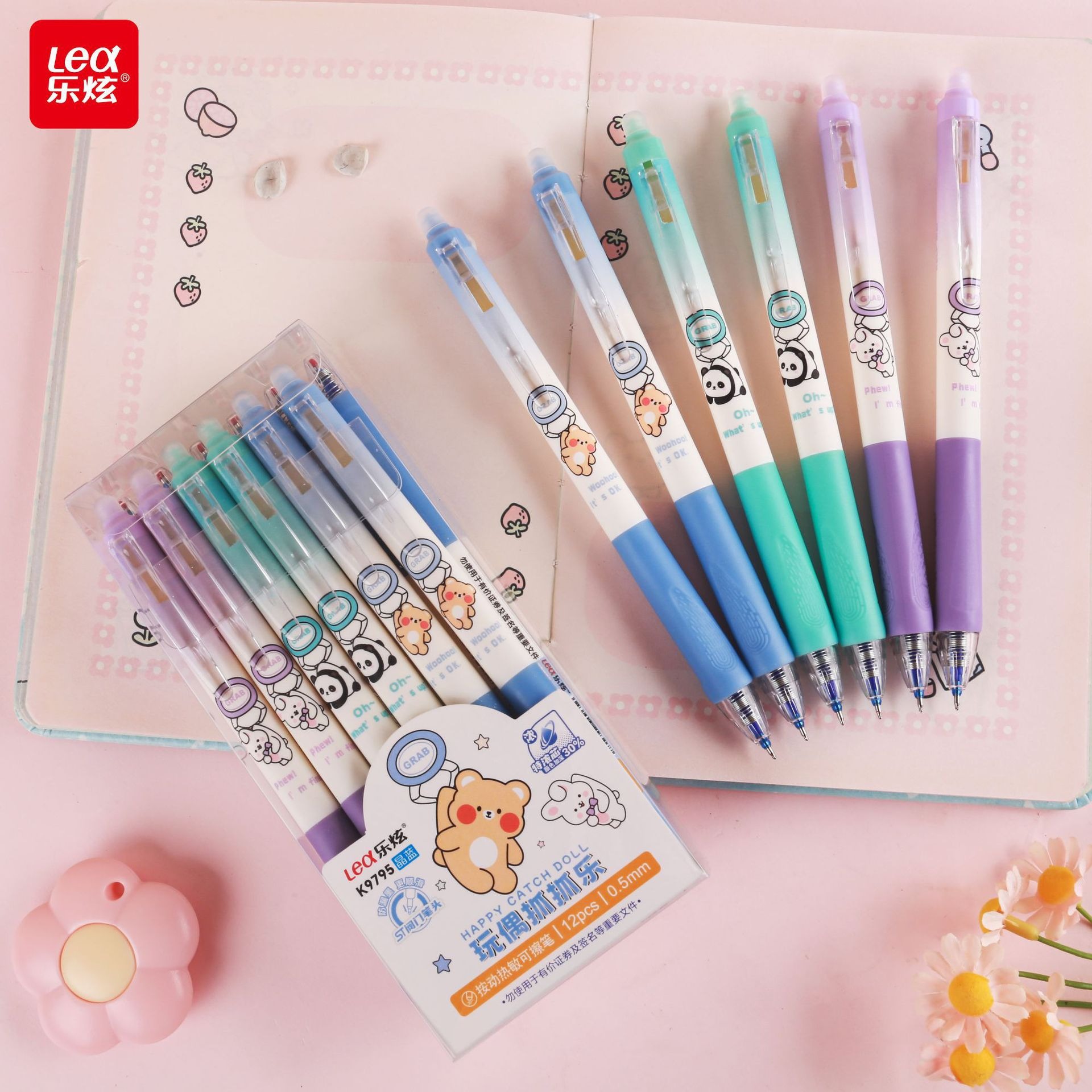 Bolígrafo borrable azul de oso de pan de dibujos animados