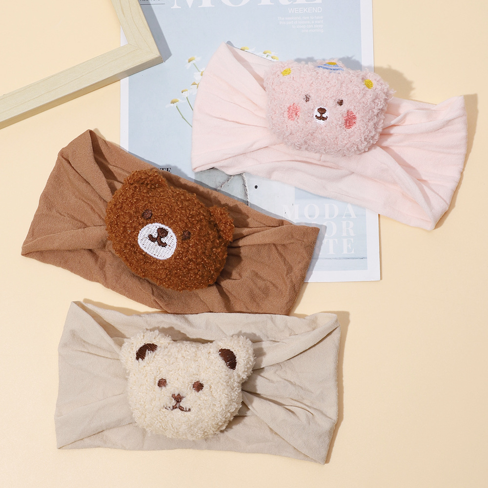 Fascia per capelli larga per bambini autunno e inverno transfrontaliera Fascia elastica per capelli europea e americana con fiocco in nylon e orso Accessori per fascia per capelli per bambini all'ingrosso_voghion.com