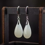 镀银仿玉石水滴耳环中国风耳坠气质长款简约风耳饰批发