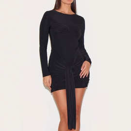 2025新款亚马逊欧美复古温柔风蘑菇slinky长袖裹身扭结连衣裙女