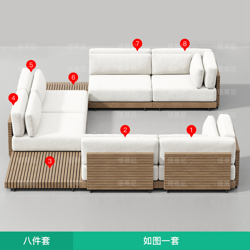 Conjunto de muebles de ocio para exteriores, sofá de teca para jardín, patio, terraza, hotel o villa, impermeable y resistente al sol. image 15