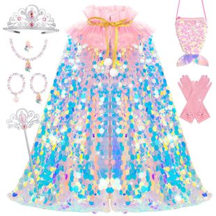 Cross-Border Girls Hooded Cloak Children's Clothing Baby Girl Printed Shiny Sequin Cloak 2024 Autumn and Winter Halloween Cloak