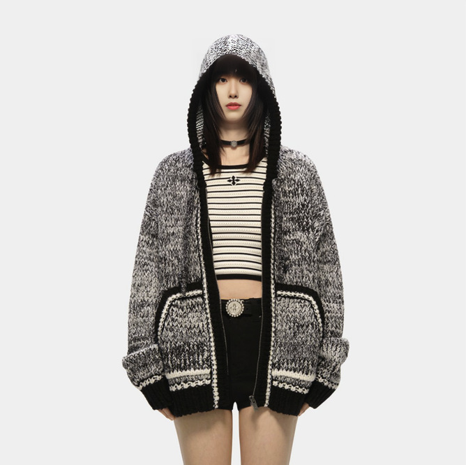 Smfk Woolen Herringbone Knitwear Loose Casual Stripesd Knitted Hoodie Jacket for Women