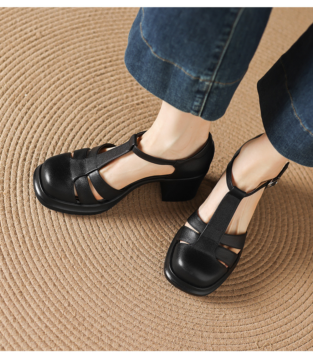 Sandal nữ cao gót phong cách La Mã, mũi kín gót kín, đế dày da bò, gót 7 cm — đen chi tiết 3