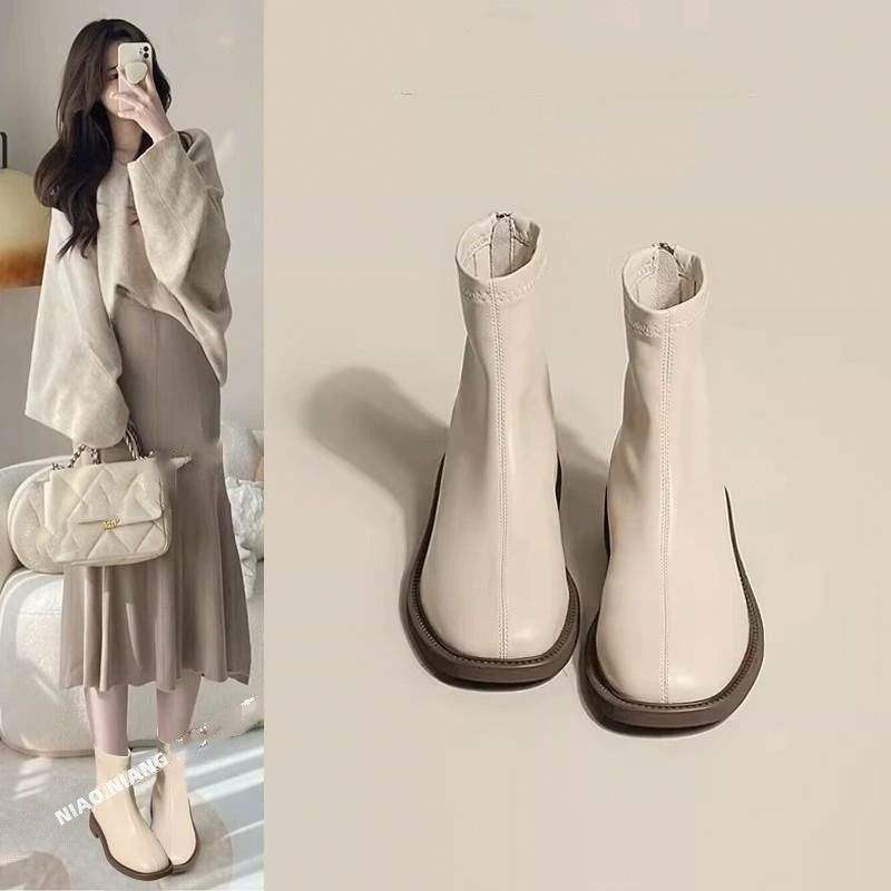 French Autum High Heels for Women 2025 Tall Chelsea Slim Boots British Style Square Toe White Boots for Women