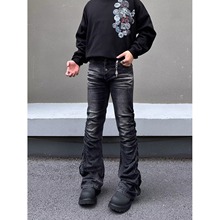 跨境外贸美式高街vibe复古闪电纹压褶微喇牛仔裤男女直筒工装裤子