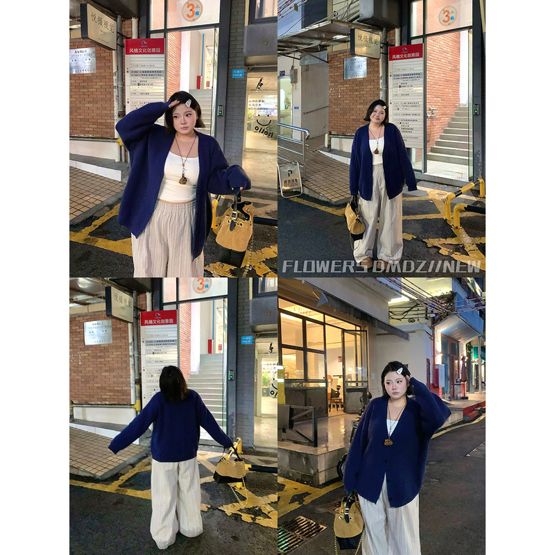 Hua Hua [Twilight Autumn] Plus Size Autumn and Winter Lazy Style Sweater Cardigan Loose Navy Blue Knitted Cardigan Jacket
