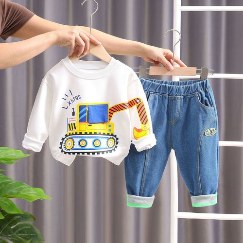 Autumn Children's Set  Fashion Blue Denim Excavator Cute Print Long-Sleeve Long Pants Set Wholesale