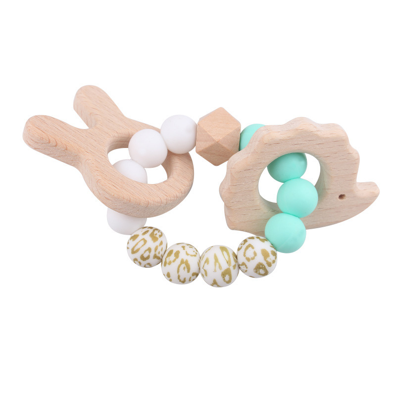 Nuevo bebé conejo bordado pulsera de goma de madera DIY bebé perlas de silicona juguetes de mordida de dientes varilla de molienda