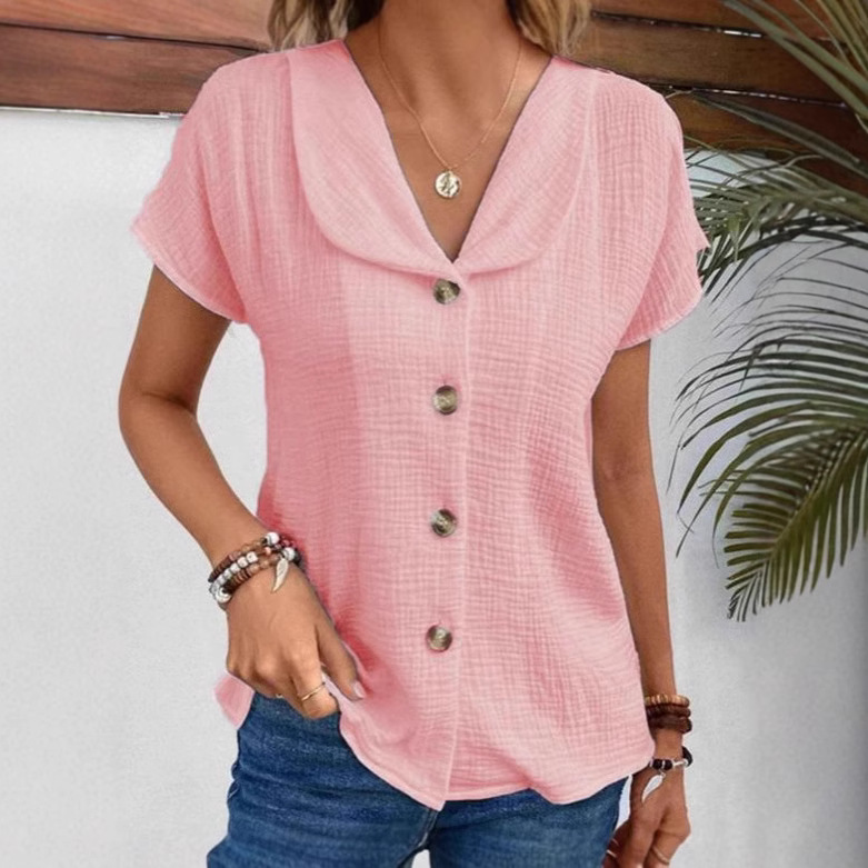 2026 Summer New European And American Cross-Border Solid Color Short Sleeve Cardigan Button Women's Top_ecoleips.com