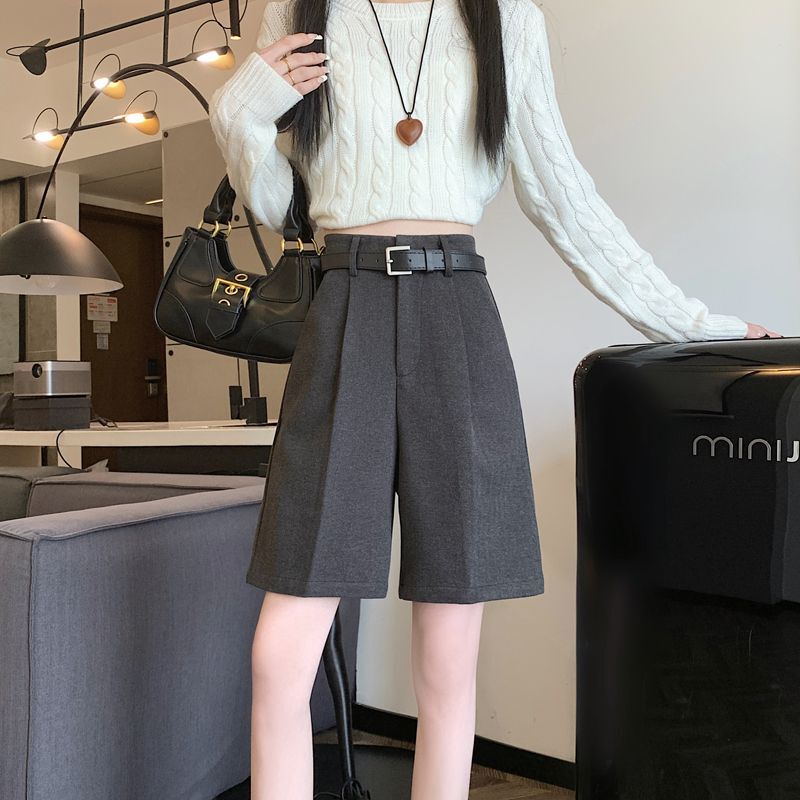 British Style Grey Wool Shorts Women's Spring New High Waist Slimming Wide Leg Pants Casual Outer Boots Pants British Style Grey Wool Shorts Women's Spring New High Waist Slimming Wide Leg Pants Casual Outer Boots Pants