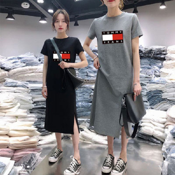 Summer New Short-Sleeved Dress for Women, Casual Belly-Covering Large Size Cartoon Print Mid-Length Over-The-Knee Slit Long Skirt Trendy