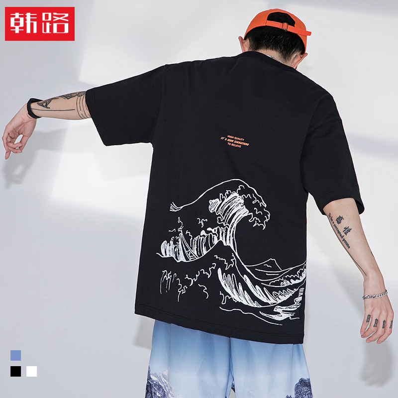 韩路日系男装 2021春夏新款浮世绘反光印花短袖体恤宽松潮流T恤男|ms