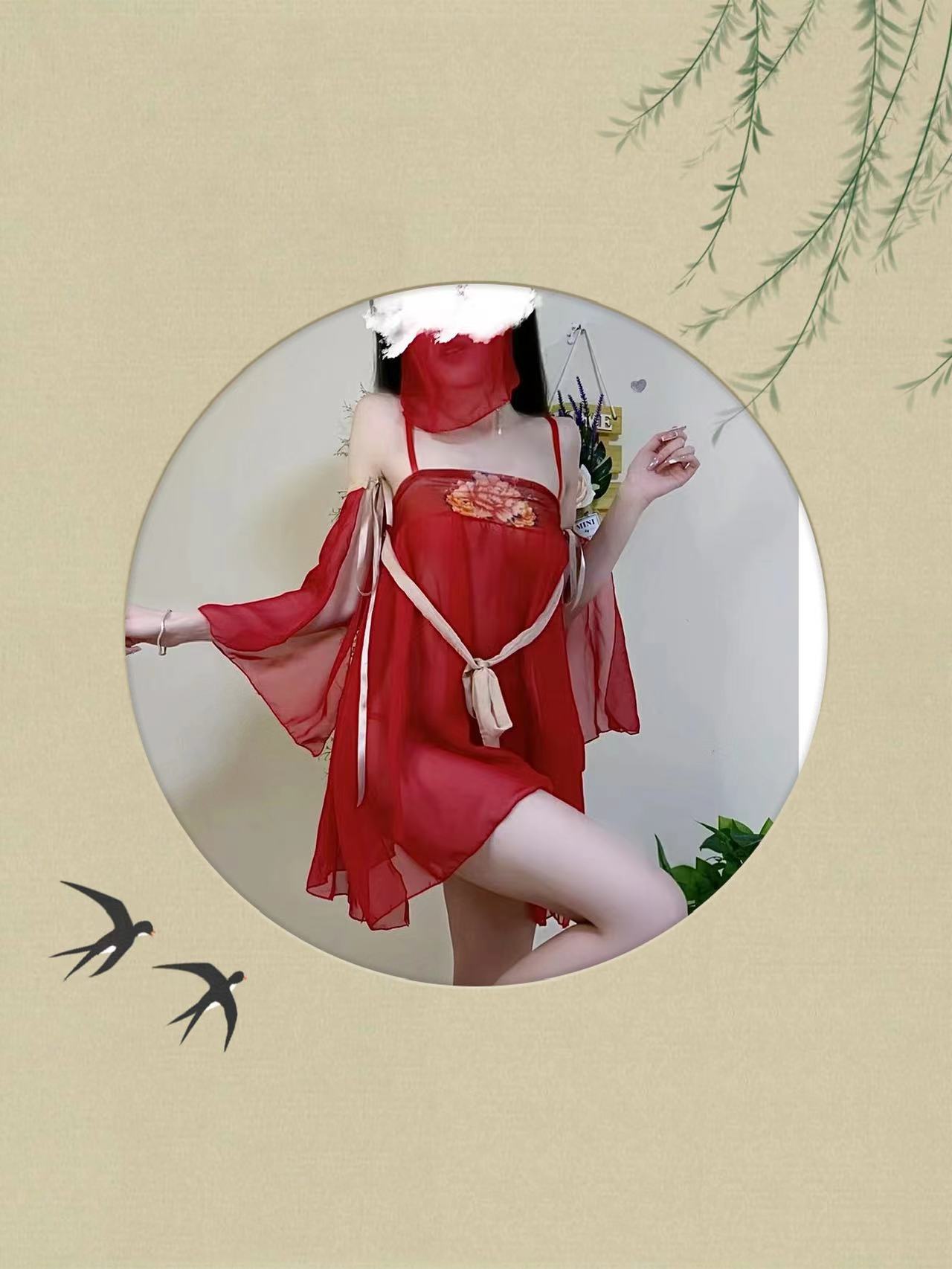 Retro Palace-Style Hanfu Lingerie Set with Veil, Tube Top and Briefs — detail image 6