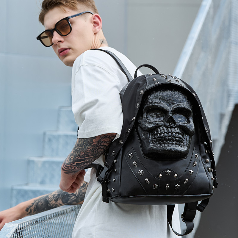 新款跨境铆钉骷髅头背包个性立体万圣节pu皮男女士双肩包搞怪电脑