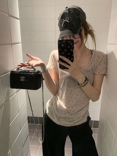 Original Tencel Fabric Women's U-Neck Polka Dot Short-Sleeve T-Shirt Sheer Thin Fitted Base Shirt Straight Shoulder Top