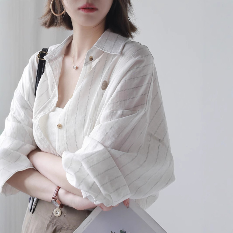 2025 ゆったり薄手日焼け止め服ストライプ綿麻長袖シャツミドル丈レトロアウタートップ|undefined