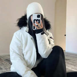 现货韩国潮牌张元英同款大毛领连帽羽绒服短款外套冬季保暖派克服