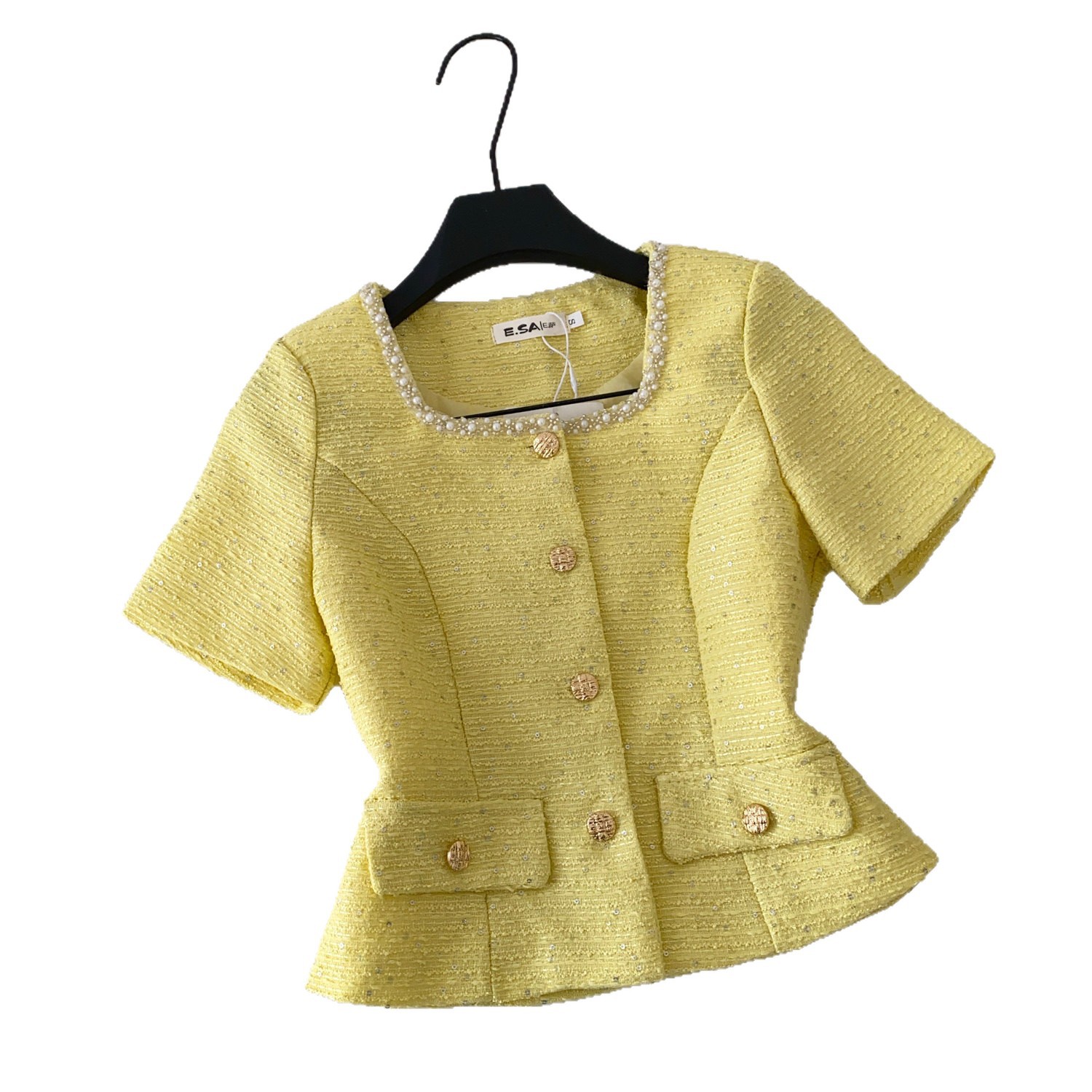 Women's French Style Beaded Square Neck Short Sleeve Blouse Elegant Slimming Casual Top for Summer Commuting_voghion.com