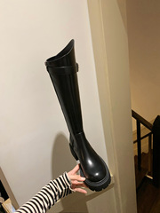 葡萄媽Studiolee 厚底粗跟斜口側扣不過膝中長筒騎士靴子女秋冬季