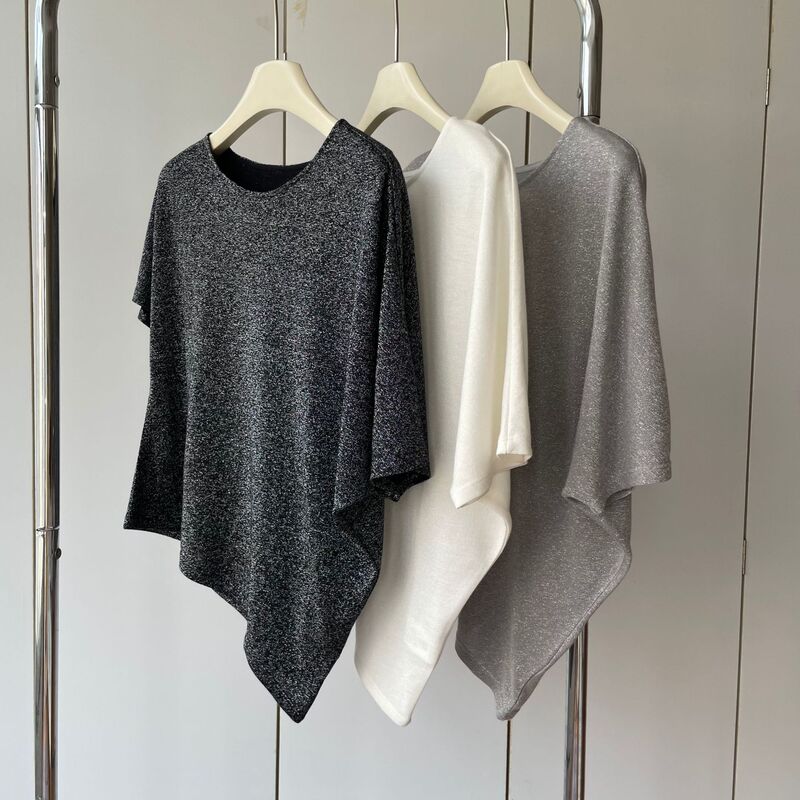 Different Beauty, Asymmetrical Hem! 75 Cotton Dark Shiny Silk Round Neck Lightweight Loose Slimming Look Short-Sleeved T-Shirt for Women