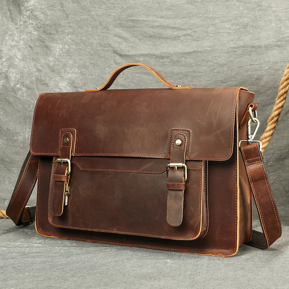 Túi da thật satchel nam phong cách retro, đựng tài liệu dung tích lớn, vừa laptop 15 inch — Cà phê (cỡ nhỏ)